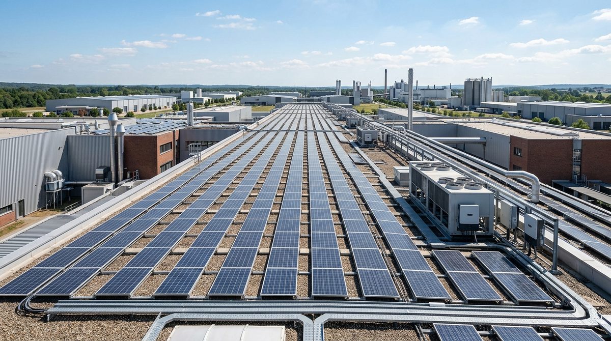 Panele fotowoltaiczne zamontowane na dachu hali fabrycznej w ramach programu Energia Plus dla firm