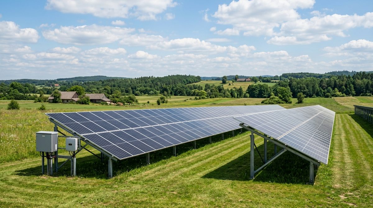 Naziemna mała farma fotowoltaiczna 40 kW zamontowana na konstrukcji stalowej na tle wiejskiego krajobrazu.