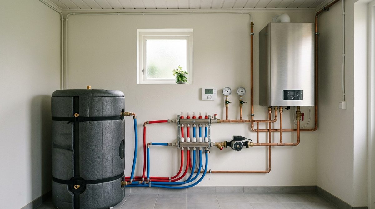 Kompaktowy kocioł elektrodowy podłączony do instalacji grzewczej i bufora ciepła w nowoczesnej kotłowni.