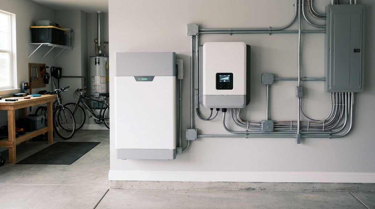 Nowoczesny domowy magazyn energii zainstalowany na ścianie w garażu obok falownika fotowoltaicznego