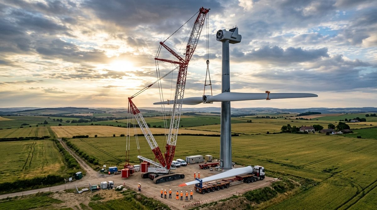 Proces montażu łopaty turbiny wiatrowej przy użyciu ciężkiego żurawia dźwigowego na lądowej farmie wiatrowej.