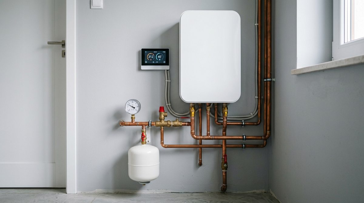Nowoczesny kocioł elektrodowy zamontowany na ścianie w domowej kotłowni obok instalacji rur miedzianych.