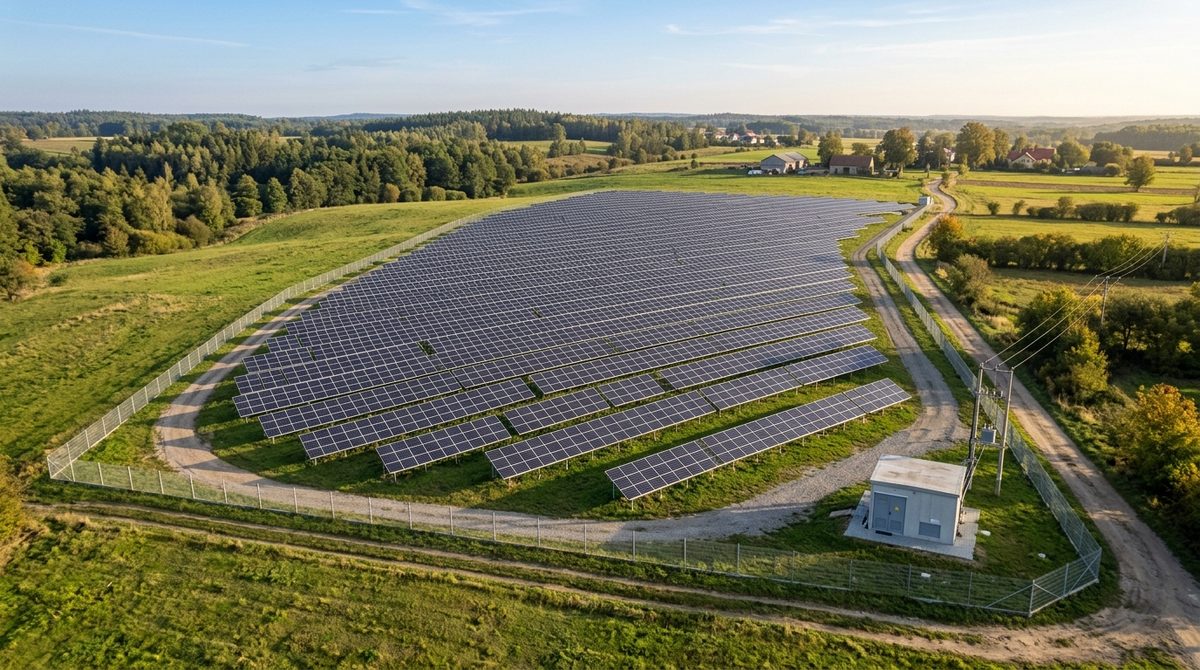 Ile kosztuje budowa farmy fotowoltaicznej 1 MW Ile kosztuje budowa farmy fotowoltaicznej 1 MW - widok z góry na naziemne rzędy modułów PV i stację transformatorową.