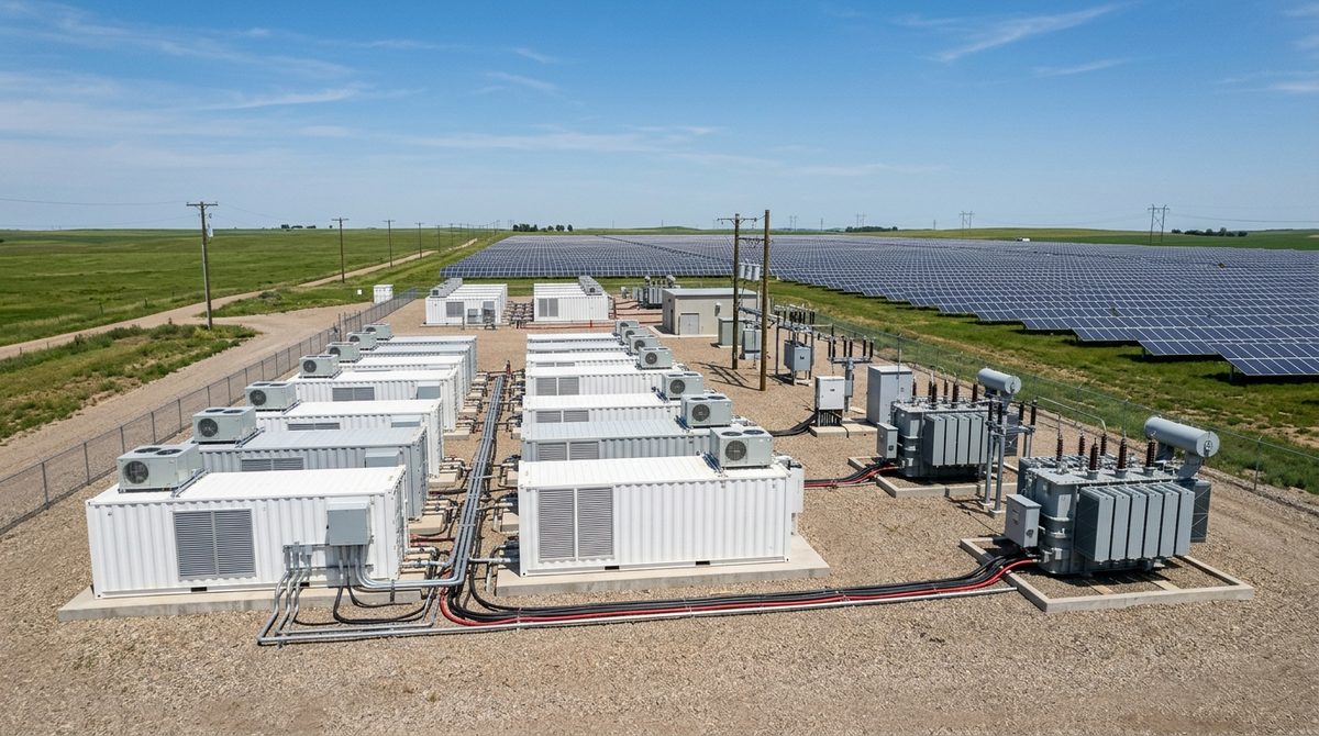 Kontenerowy magazyn energii przy wielkoskalowej farmie fotowoltaicznej w słoneczny dzień.