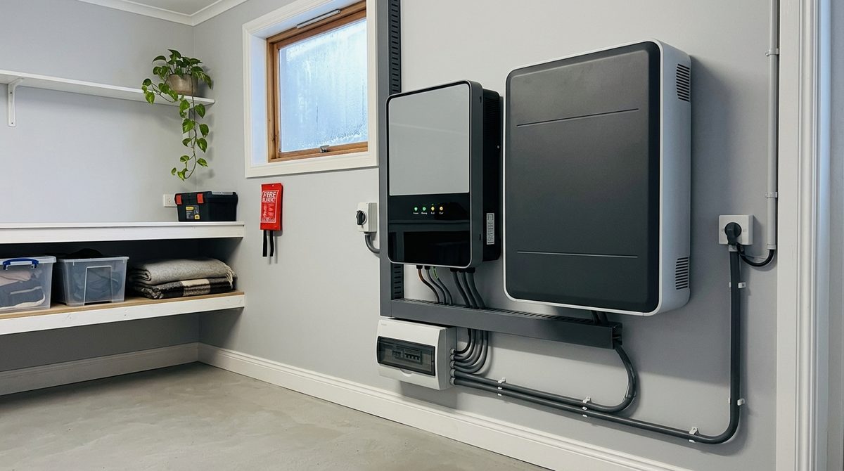Nowoczesny magazyn energii zamontowany na ścianie w domowym pomieszczeniu gospodarczym zimą.
