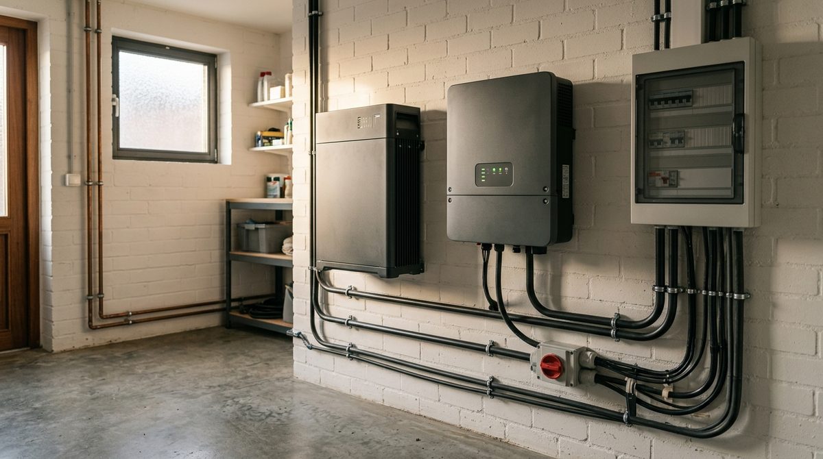 Nowoczesny magazyn energii do fotowoltaiki zamontowany na ścianie w domowej kotłowni obok falownika hybrydowego.