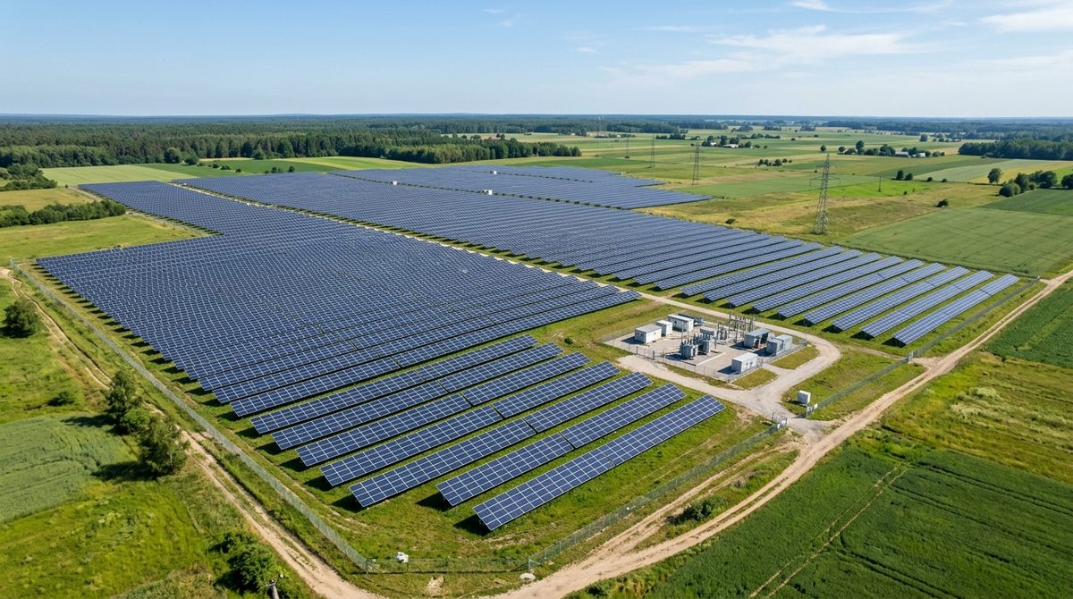 Nowoczesna farma fotowoltaiczna w Polsce; sprzedaż energii z farmy fotowoltaicznej do sieci elektroenergetycznej w słoneczny dzień.
