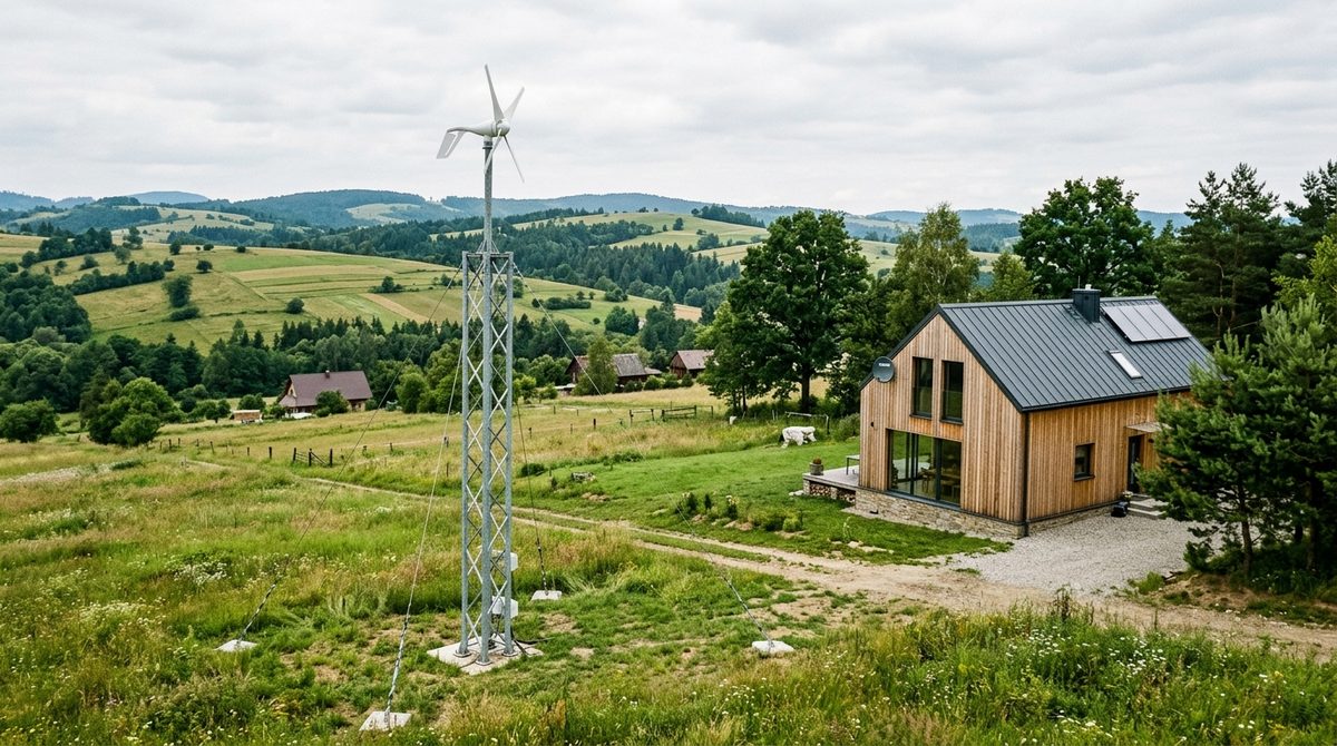 Turbiny wiatrowe używane – czy warto kupować Używane turbiny wiatrowe na stalowym maszcie na tle wiejskiego krajobrazu i domu jednorodzinnego w słoneczny dzień.
