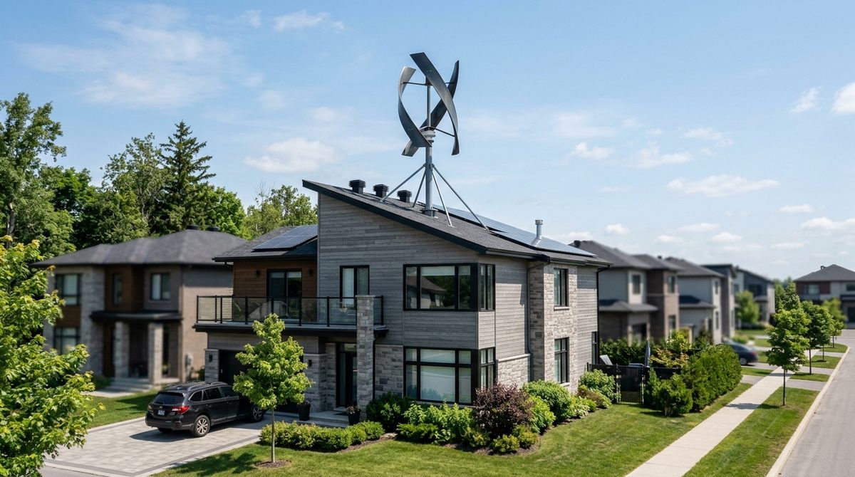 Pionowa turbina wiatrowa typu Darrieus zamontowana na dachu nowoczesnego domu jednorodzinnego