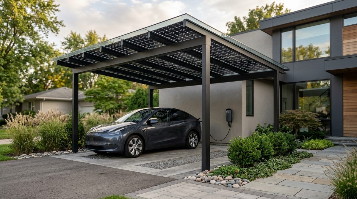 Wykorzystanie energii słonecznej – przykłady zastosowań poza dachem Nowoczesny carport z panelami fotowoltaicznymi pokazujący innowacyjne wykorzystanie energii słonecznej.