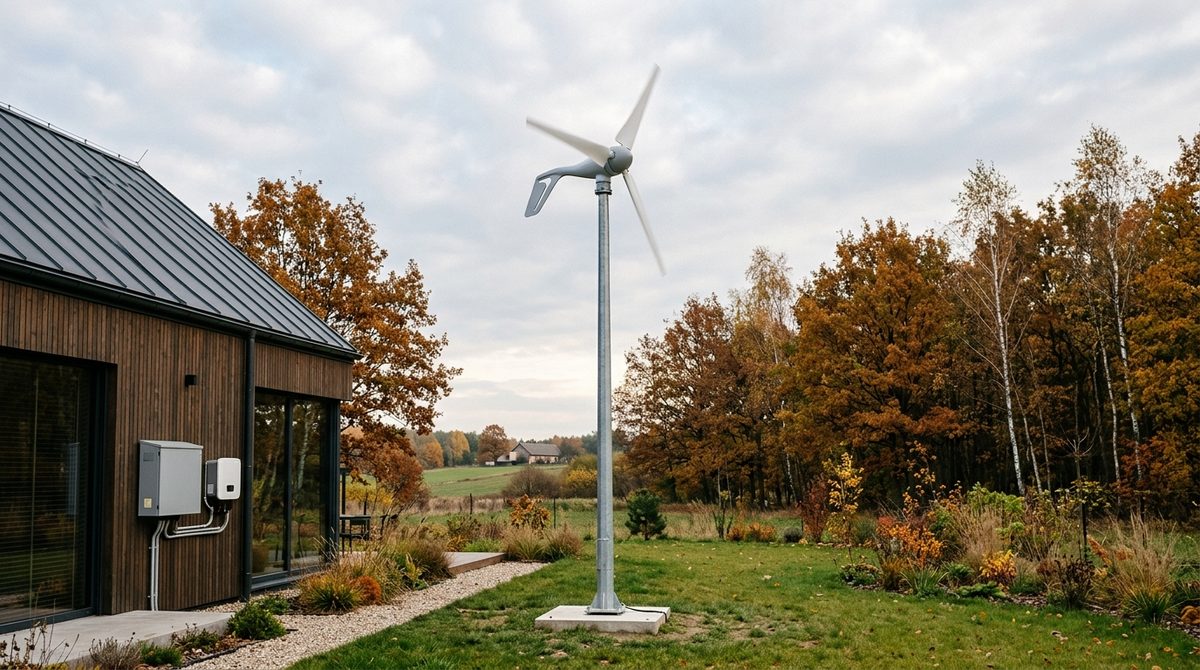Przydomowa turbina wiatrowa o poziomej osi zamontowana na stalowym maszcie obok nowoczesnego domu jednorodzinnego