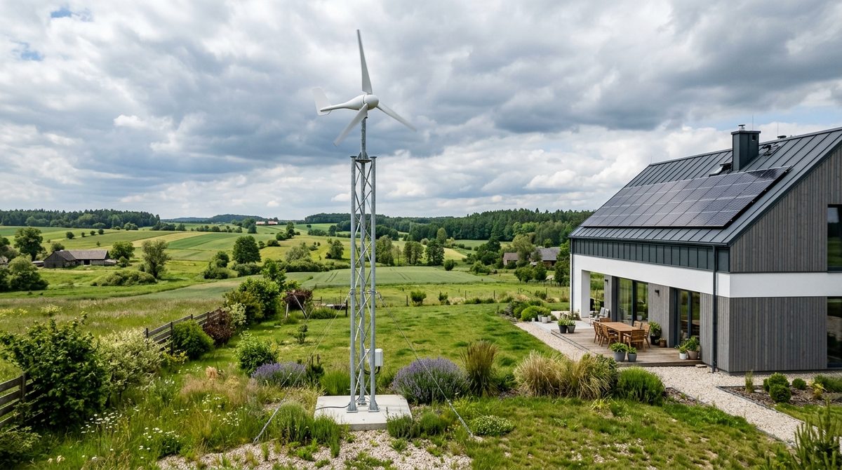 Przydomowa turbina wiatrowa na stalowym maszcie zainstalowana przy nowoczesnym domu jednorodzinnym