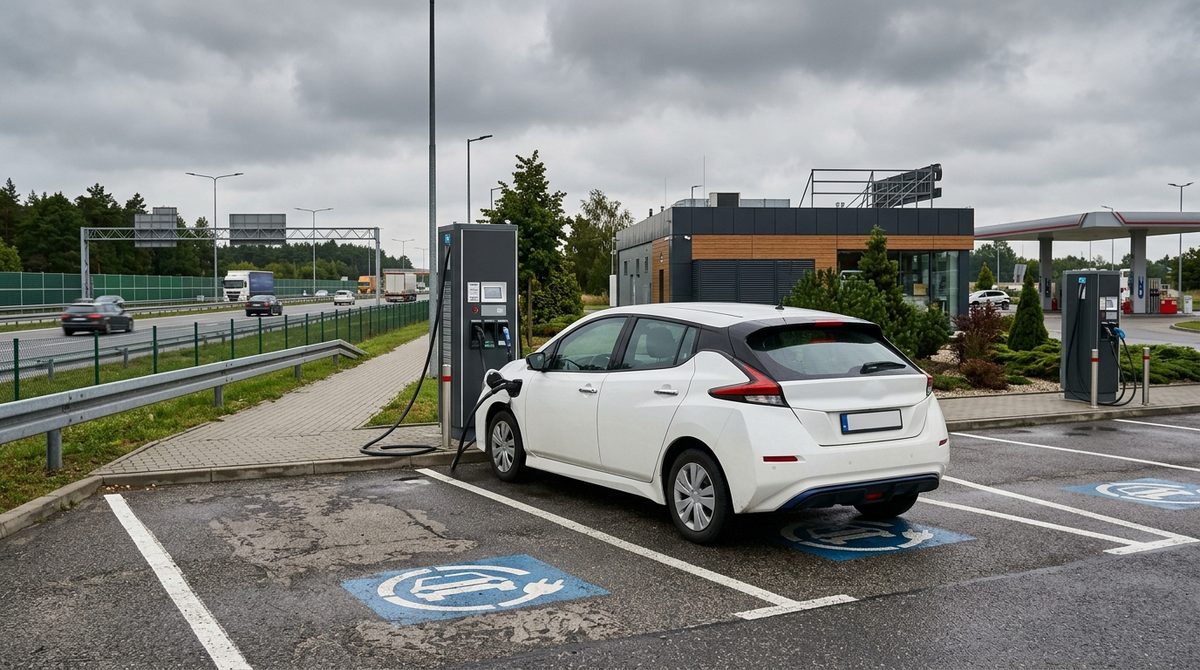 Nowoczesna stacja ładowania samochodów elektrycznych przy trasie, do której podłączony jest biały pojazd elektryczny.