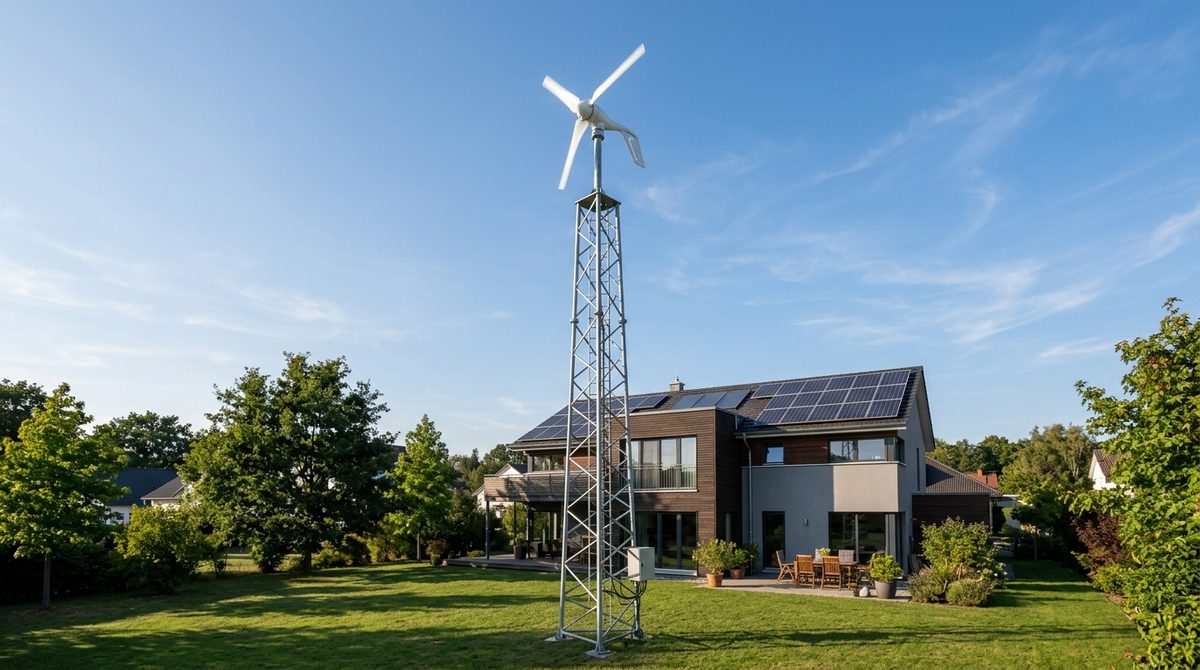 Przydomowa turbina wiatrowa na stalowym maszcie w ogrodzie przy domu jednorodzinnym z panelami PV