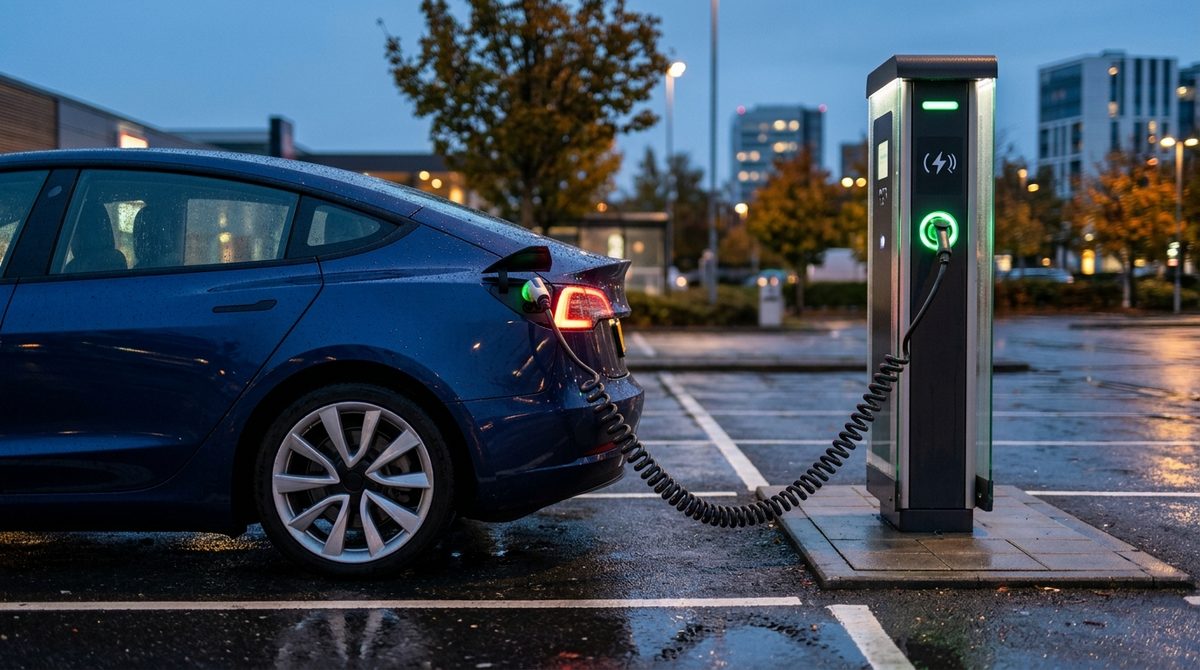 Ile kosztuje 1 kWh na stacji ładowania? Kierowca sprawdzający ile kosztuje 1 kWh na stacji ładowania samochodów podczas podłączania kabla do pojazdu.
