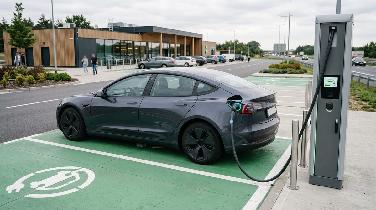 Ile kosztuje 1 kWh na stacji ORLEN? Nowoczesna stacja ładowania samochodów elektrycznych, gdzie kierowca sprawdza ile kosztuje 1 kWh na stacji ORLEN.