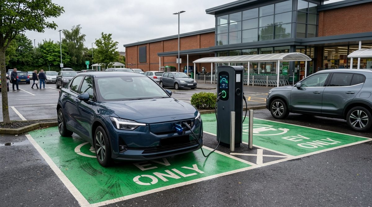 Nowoczesna stacja ładowania samochodów elektrycznych pod sklepem, pokazująca ile kosztuje ładowanie elektryka w Lidlu.