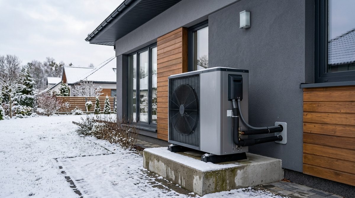 Nowoczesna powietrzna pompa ciepła zainstalowana przy elewacji domu jednorodzinnego zimą