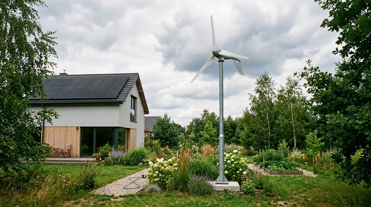 Nowoczesna domowa turbina wiatrowa na stalowym maszcie zainstalowana w ogrodzie obok domu z fotowoltaiką