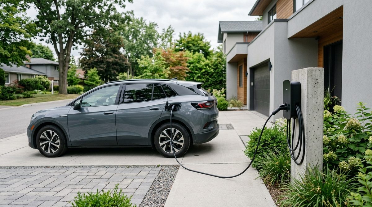 Nowoczesna stacja ładowania samochodów elektrycznych uzupełniająca baterię pojazdu przy pomocy kabla Type 2.