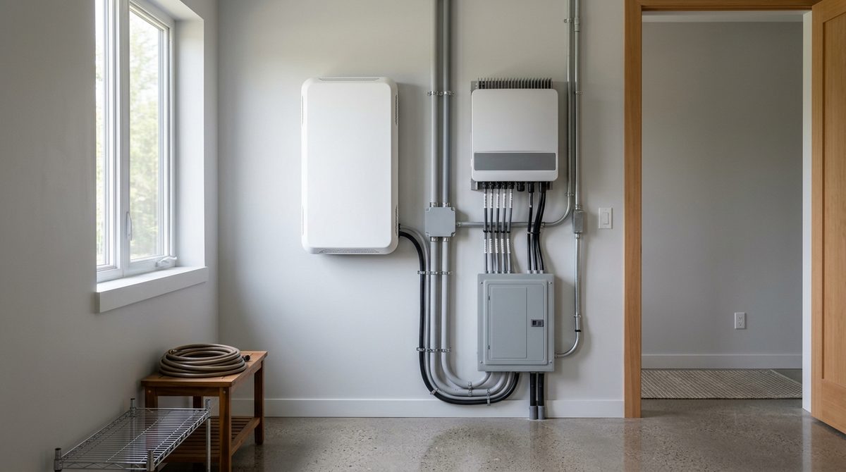 Nowoczesny domowy magazyn energii zamontowany obok falownika w garażu domu jednorodzinnego.