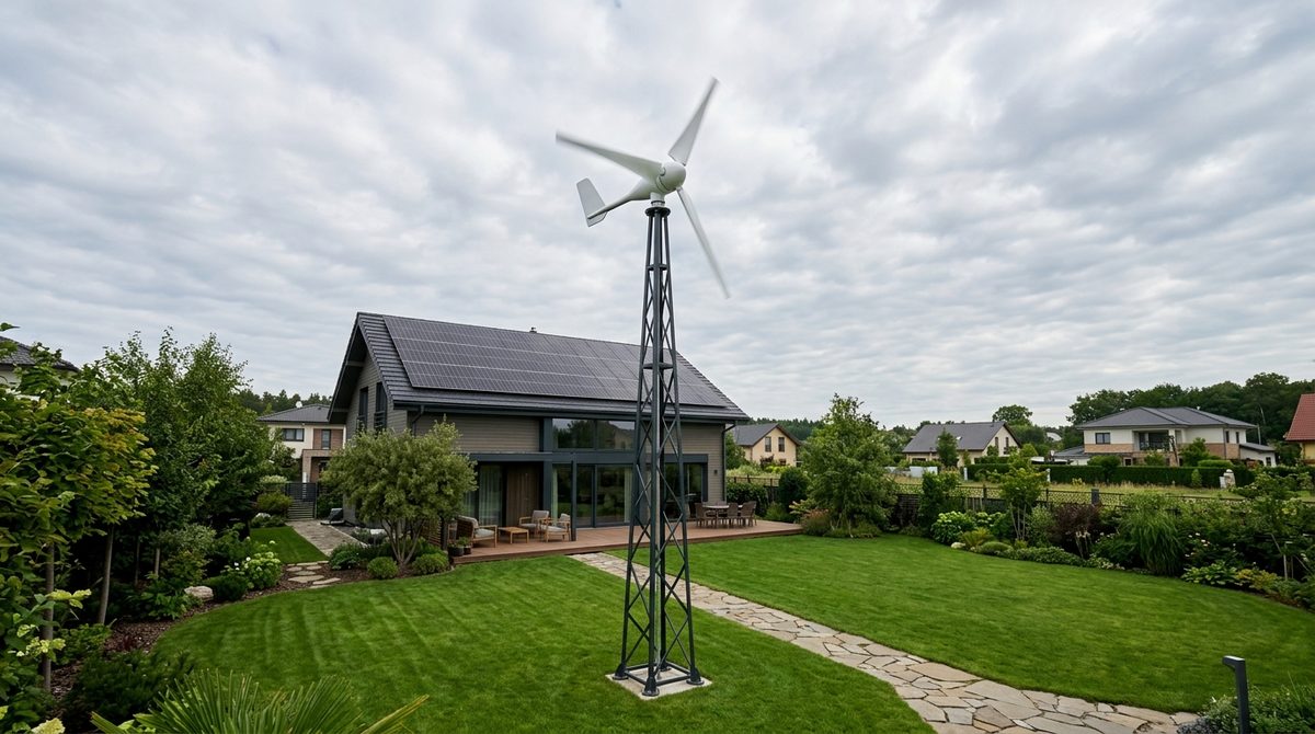 Nowoczesna przydomowa turbina wiatrowa o mocy 3 kW zainstalowana na maszcie obok energooszczędnego domu