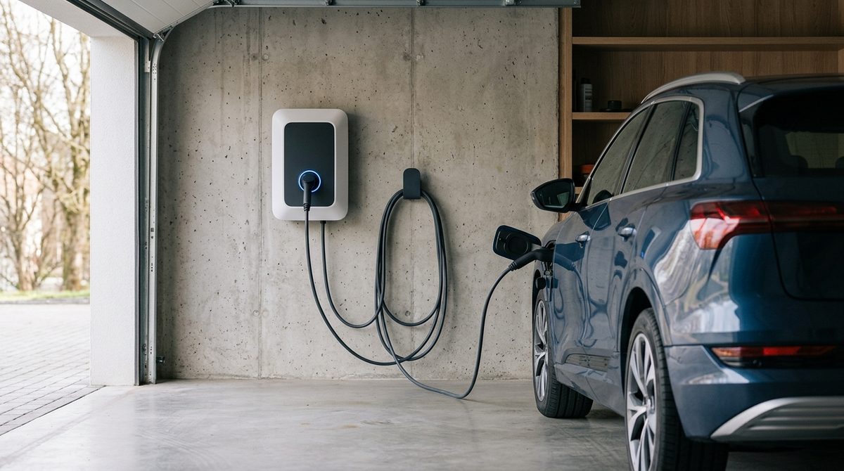 Nowoczesna ścienna stacja ładowania samochodów elektrycznych zamontowana w przydomowym garażu.