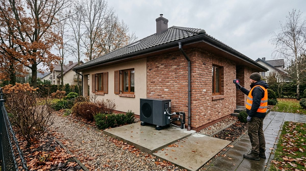 Kiedy pompa ciepła się nie opłaca – audytor termowizyjny badający straty ciepła przy starej elewacji domu jednorodzinnego.