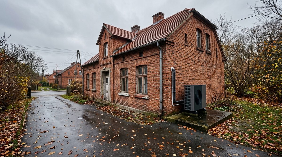 Nieocieplony stary dom z grzejnikami żebrowymi, gdzie instalacja pompy ciepła się nie opłaca ze względu na straty ciepła.