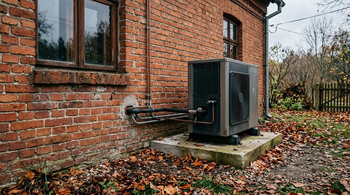 Zewnętrzna jednostka pompy ciepła przy nieocieplonym ceglanym domu jednorodzinnym, ukazująca problem opłacalności