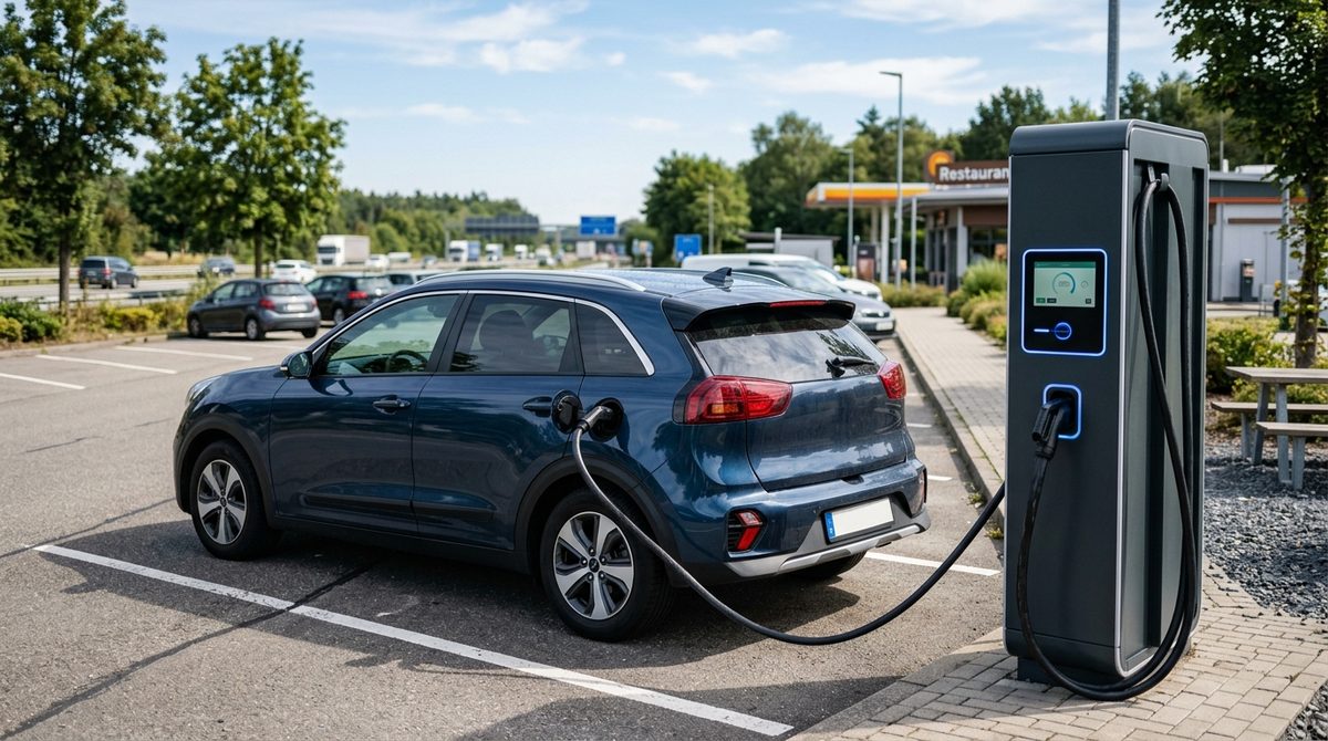 Ładowanie samochodu elektrycznego na nowoczesnej stacji szybkiego ładowania prądem stałym przy trasie ekspresowej.