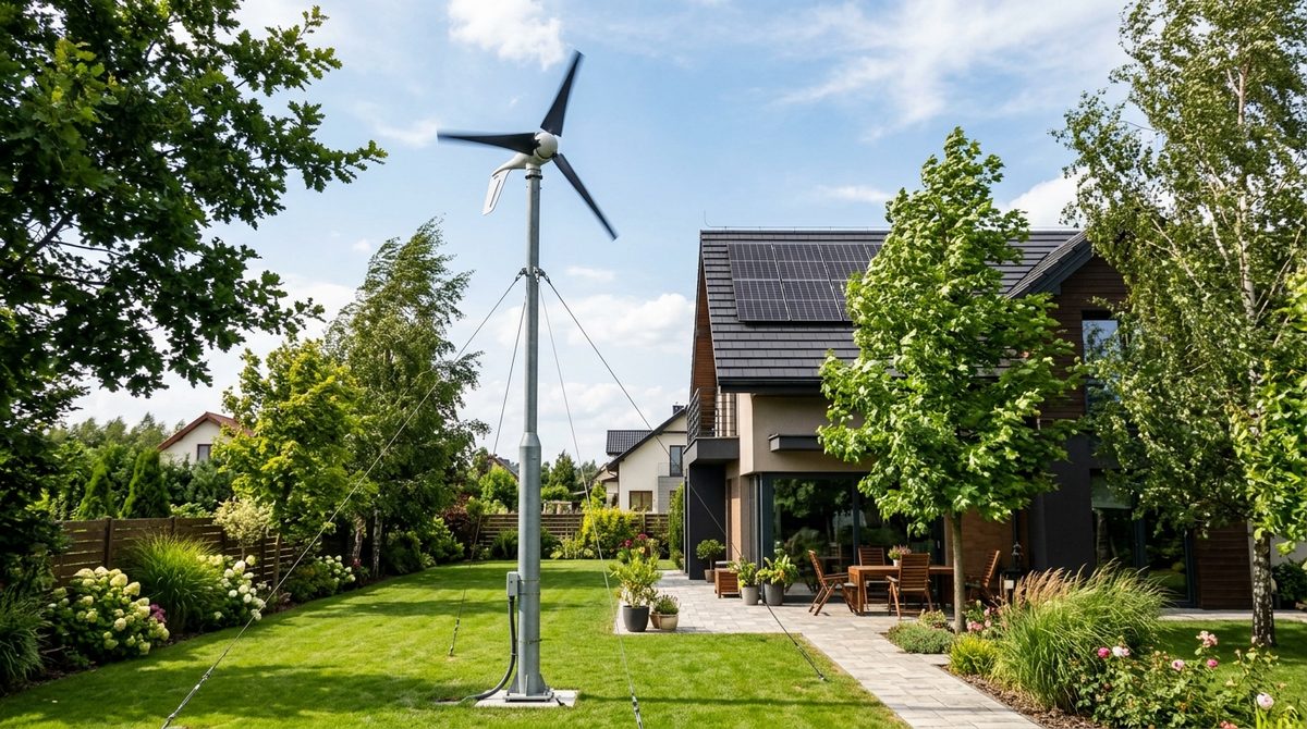 Nowoczesna przydomowa turbina wiatrowa z montażem na stalowym maszcie obok energooszczędnego domu jednorodzinnego.