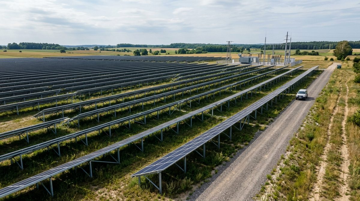 Naziemna farma fotowoltaiczna o dużej mocy na polskim gruncie rolnym z rzędami czarnych paneli