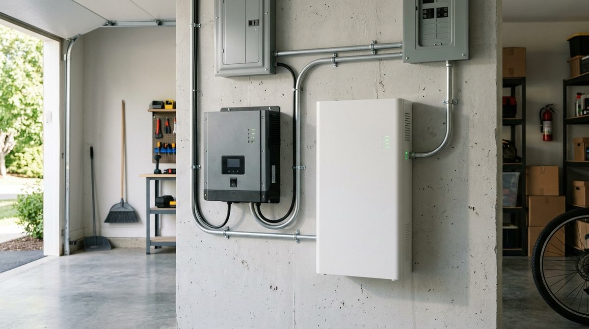 Nowoczesny magazyn energii w garażu domu jednorodzinnego z czytelnym panelem wskazującym parametry kW i kWh.