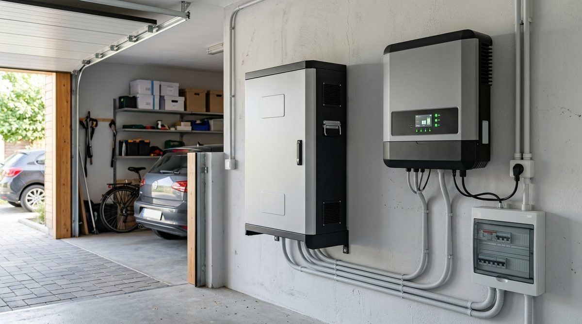 Magazyn energii na ścianie w nowoczesnym garażu domu jednorodzinnego z falownikiem hybrydowym