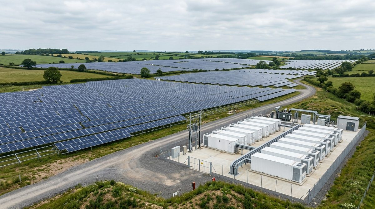 Wielkoskalowe magazyny energii bateryjne BESS stojące obok rzędów paneli farmy fotowoltaicznej na gruncie.