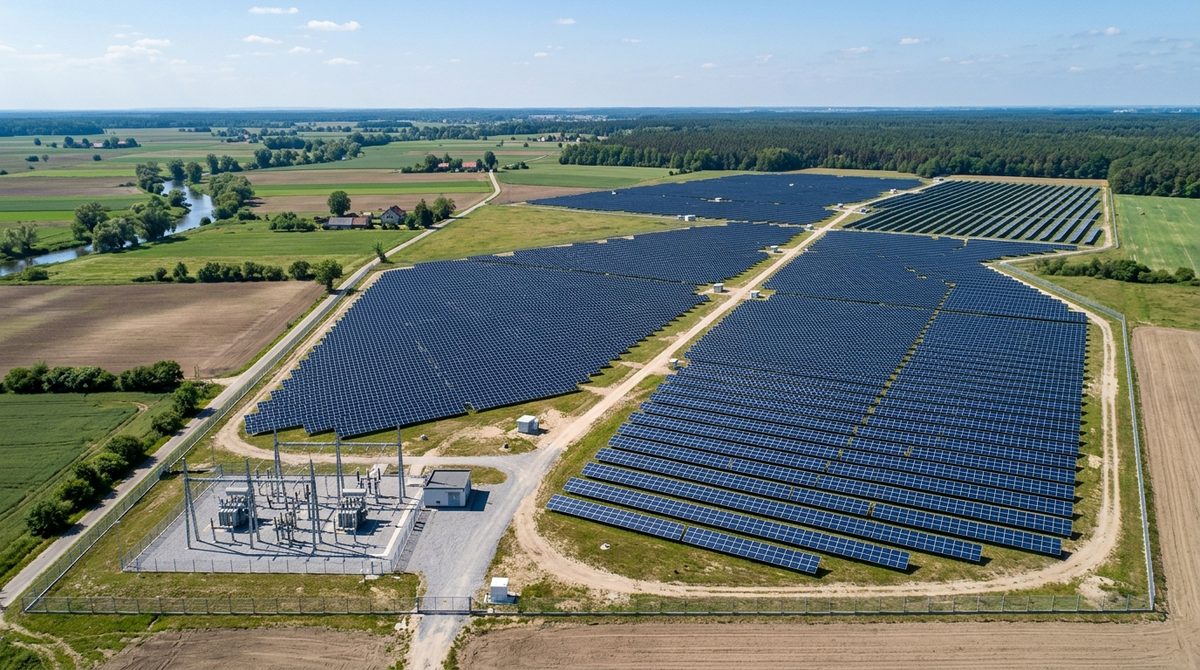 Farma fotowoltaiczna o mocy 1 MW na polskim gruncie, rzędy modułów fotowoltaicznych w słońcu.