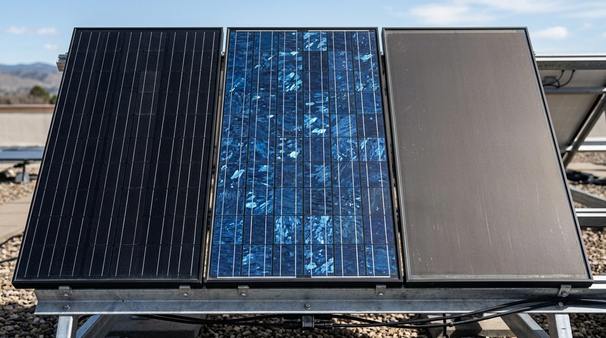 Różnice w budowie modułów PV: ciemne panele monokrystaliczne, polikrystaliczne oraz cienkowarstwowe w słońcu