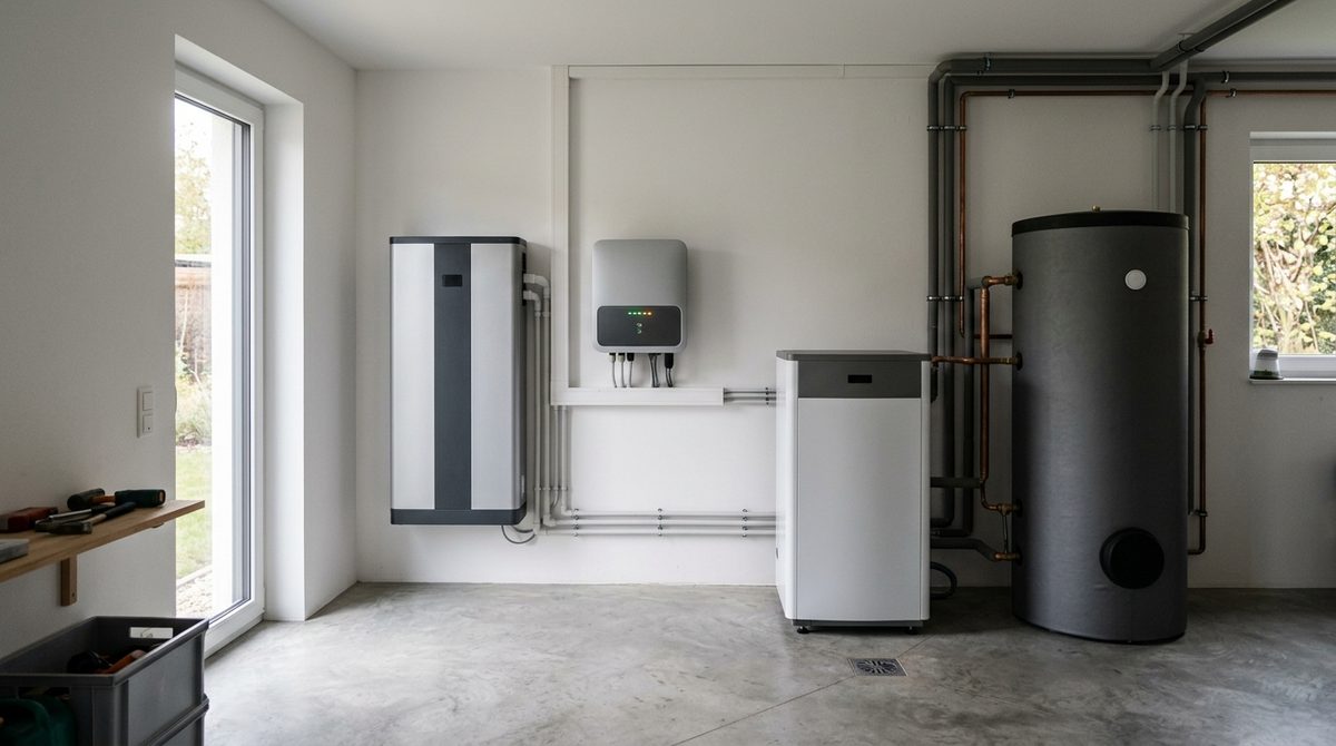 Współczesna kotłownia z pompą ciepła, inwerterem hybrydowym i ściennym magazynem energii w domu jednorodzinnym