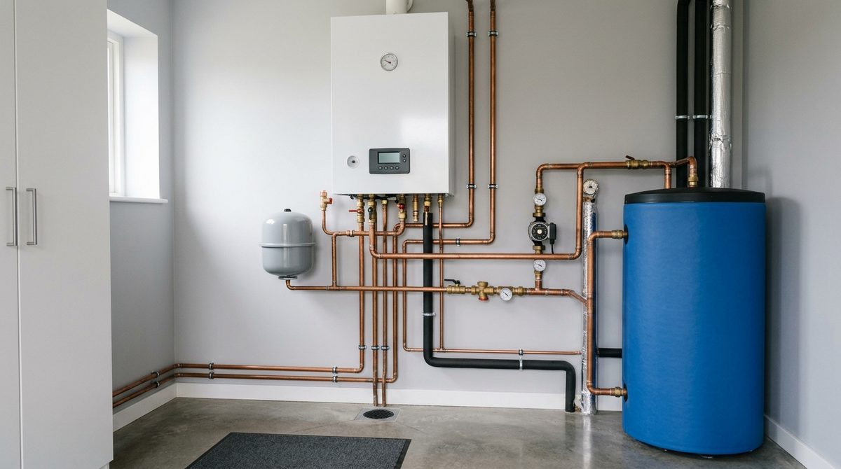 Kompaktowy trójfazowy kocioł elektrodowy zamontowany na ścianie w nowoczesnej kotłowni domowej z buforem ciepła.