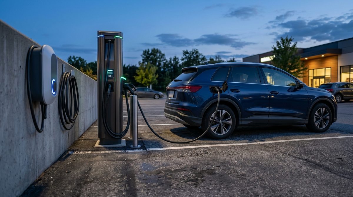 Nowoczesna stacja ładowania aut na parkingu, ilustrująca czym różnią się ładowarki AC i DC podczas uzupełniania energii.