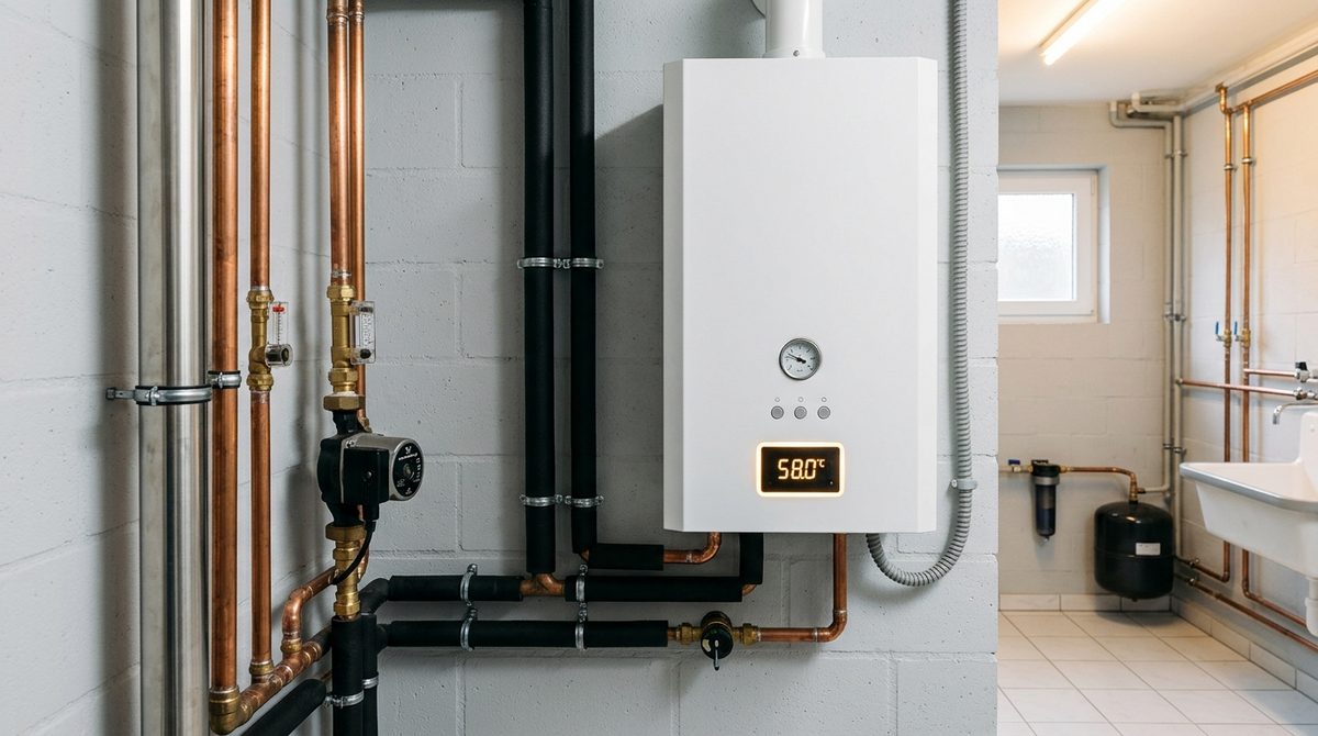Nowoczesny kocioł elektrodowy zamontowany na ścianie w czystej kotłowni domowej z instalacją grzewczą.