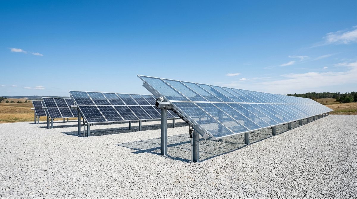Nowoczesna instalacja gruntowa z panelami dwustronnymi (bifacial) odbijającymi promienie słoneczne od jasnego żwiru.